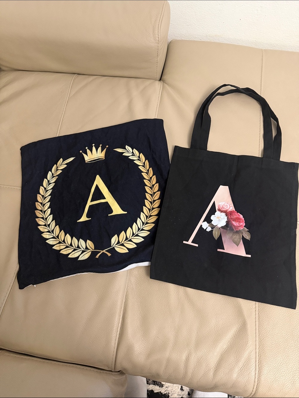 Monogram 'A' Black Canvas Tote Bag with Floral Accent